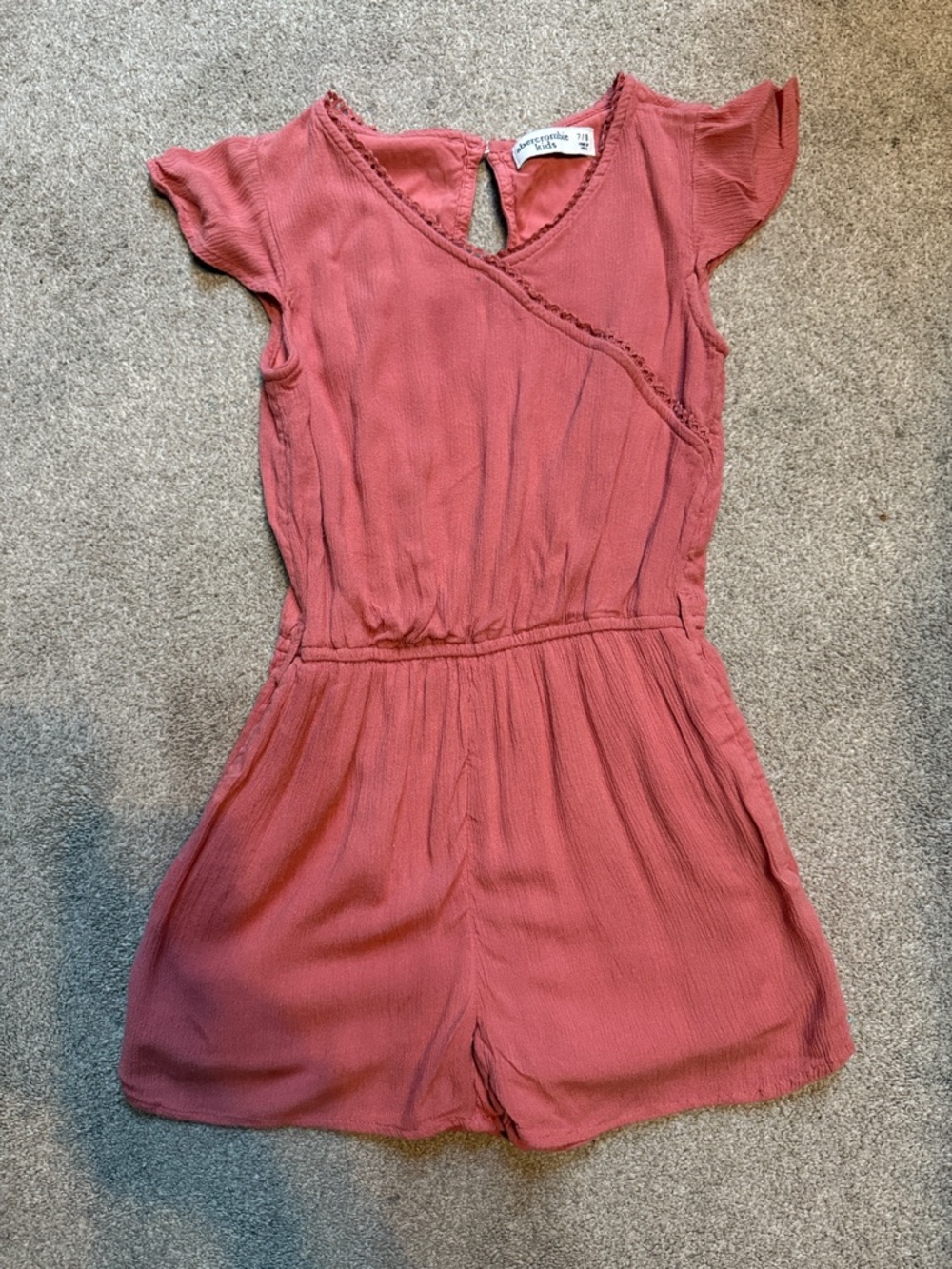 Abercrombie Kids Girls' Gauzy Pink Short Sleeve Coral Romper Pockets Size 7/8